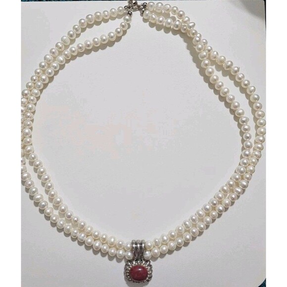 Double Strand Pearl Red Stone Sterling Silver Necklace - Picture 2 of 6